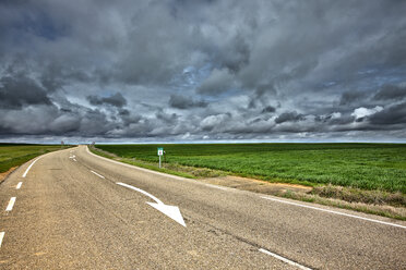 Spain, Province of Zamora, empty road under cloudy sky - DSGF01200