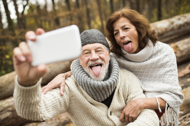Portrait of senior couple sticking out tongues while taking selfie - HAPF01161