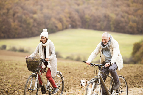 Senior couple doing a bicycle trip with dog stock photo