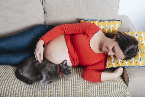 Lächelnde schwangere Frau auf der Couch liegend mit ihrer Katze, lizenzfreies Stockfoto