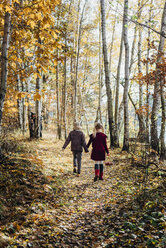 Hansel and Gretel, Boy and girl walking alone in the forest, witch waiting behind tree - MJF02092