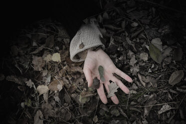 Hand der Frau auf dem Waldboden - MJF02113