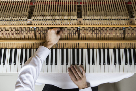 Klavierstimmer, der einen Flügel stimmt, lizenzfreies Stockfoto