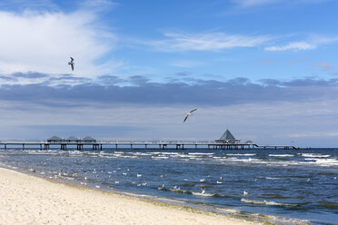 Deutschland, Usedom, Heringsdorf, Strand, Möwen und Seebrücke - SIEF07217