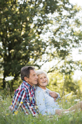 Älteres Paar entspannt sich gemeinsam auf einer Wiese, lizenzfreies Stockfoto