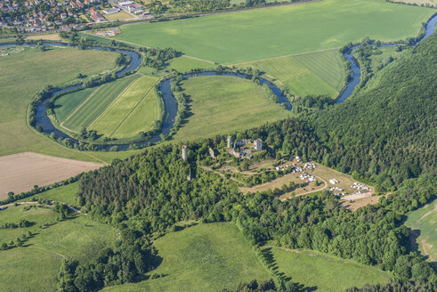 Germany, Lauchroeden, aerial view of Werraschleife, castle ruin Brandenburg and tent camp - HWOF00184