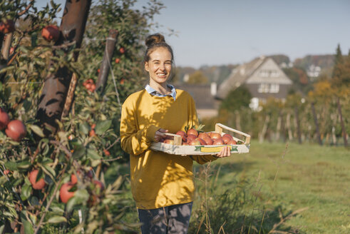 Young woman holding crate with apples in orchard - KNSF00725
