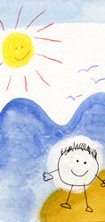 Children's drawing of happy children on the beach - CMF00628