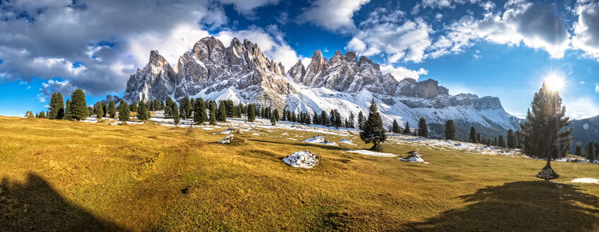 Italien, Naturpark Geisler Puez, Alpweide mit Geislergruppe und Sass Rigais im Hintergrund - HAMF00243