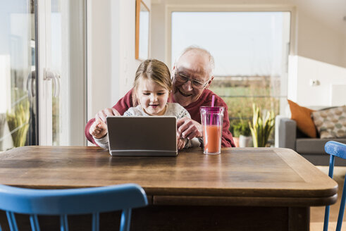 Großvater und Enkelin benutzen gemeinsam einen Laptop - UUF09534