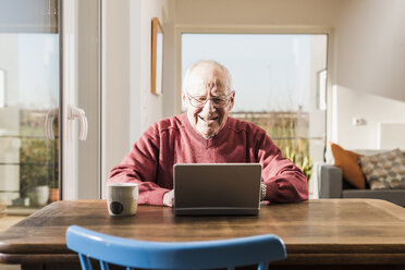 Älterer Mann sitzt zu Hause und benutzt einen Laptop - UUF09543