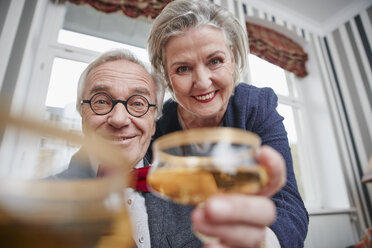 Portrait of happy senior couple holding champagne glasses - RHF01758