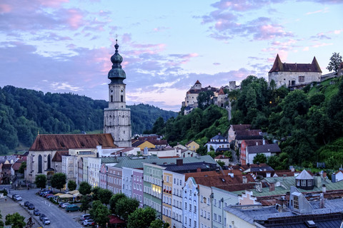 Germany, Burghausen, city view at twilight stock photo