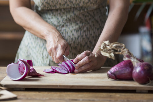 Woman preparing red onions for onion pesto - ALBF00052