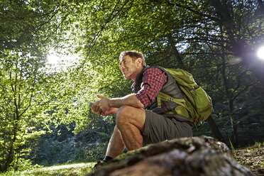 Wanderer im Wald auf einem Baumstamm sitzend, Smartphone in der Hand - FMKF03326