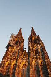 Deutschland, Köln, Blick auf den Kölner Dom von unten bei Sonnenuntergang - GWF04938