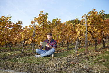 Junger Mann mit Tablet in einem Weinberg sitzend - FMKF03373