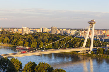 Slovakia, Bratislava, view Novy Most at sunset - WDF03835