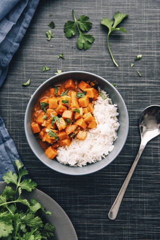 Bowl of sweetpotato ragout served with rice stock photo