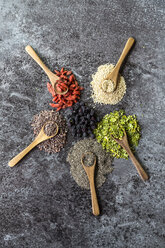 Wooden spoons of chokeberries, chia, aronia, quinoa, moringa and wolfberries - SARF03108