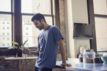 Young man standing in kitchen using smart phone - WESTF22486