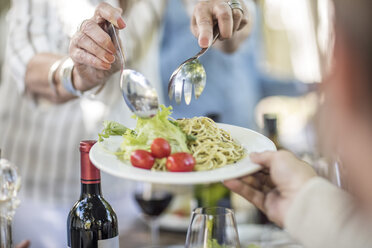 Dishing up salad and spaghetti for lunch in garden - ZEF12393