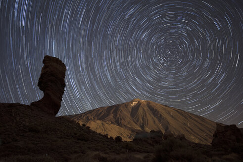 Spain, Tenerife, Star trails over Teide volcano in Teide National Park - DHCF00011