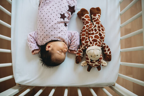 Neugeborenes Mädchen schläft im Kinderbett mit einer Plüschgiraffe - GEMF01377