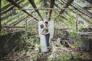 Braut und Bräutigam umarmen sich im alten Gewächshaus - ASCF00681