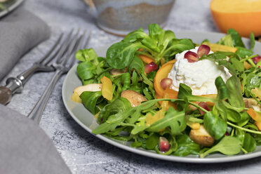 Plate with lamb's lettuce, rocket, kaki, champignons, cottage cheese and pomegranate seeds - YFF00607