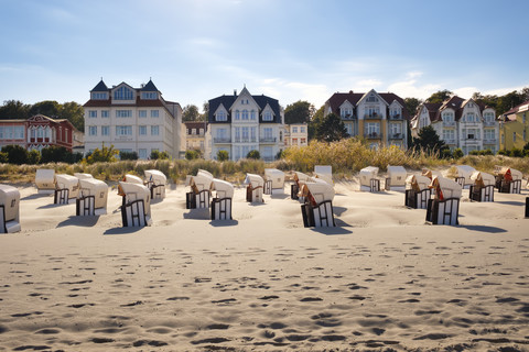 Germany, Usedom, Bansin, hooded beach chairs on the beach stock photo