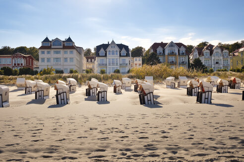 Germany, Usedom, Bansin, hooded beach chairs on the beach - SIE07250
