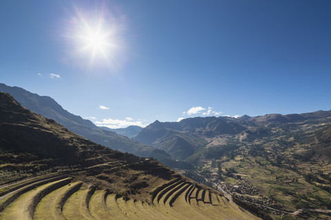 Peru, Anden, Valle Sagrado, Inka-Ruinen von Pisac, Terrassen von Andenes, lizenzfreies Stockfoto