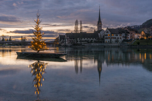 Switzerland, Canton of Schaffhausen, Stein am Rhein, Christmas tree on River Rhine - KEBF00467