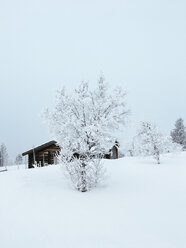 Norwegen, Oppland, Blockhaus in Winterlandschaft - JUBF00188