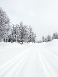 Norwegen, Oppland, schneebedeckte Langlaufloipe in Winterlandschaft - JUBF00192