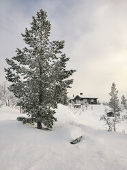 Norwegen, Oppland, Blockhaus in Winterlandschaft - JUBF00194