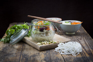 Asian rice noodle soup with vegetables and tofu in jar - LVF05811