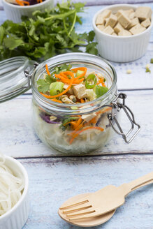 Asian rice noodle soup with vegetables and tofu in jar - LVF05814
