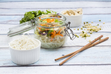 Asian rice noodle soup with vegetables and tofu in jar - LVF05815