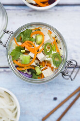 Asian rice noodle soup with vegetables and tofu in jar - LVF05816