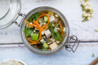 Asian rice noodle soup with vegetables and tofu in jar - LVF05817