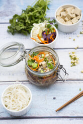 Asian rice noodle soup with vegetables and tofu in jar - LVF05818