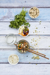 Asian rice noodle soup with vegetables and tofu in jar - LVF05819