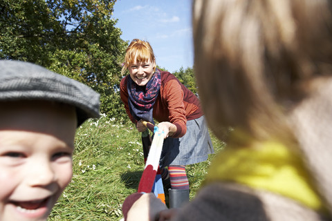 Glückliche Mutter spielt mit Kindern auf einer Wiese, lizenzfreies Stockfoto