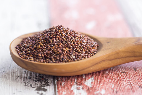 Rote Quinoa auf Holzlöffel, Nahaufnahme, lizenzfreies Stockfoto