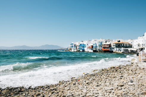 Greece, Mykonos, view to the Little Italy from the beach - GEMF01463