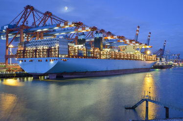 Germany, Hamburg, container ship at terminal in the morning - RJF00652