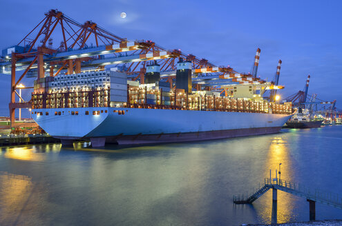 Deutschland, Hamburg, Containerschiff am Terminal am Morgen - RJF00652