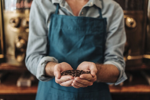 Nahaufnahme eines Kaffeerösters in seinem Geschäft, der eine Handvoll Kaffeebohnen präsentiert - KNSF00876